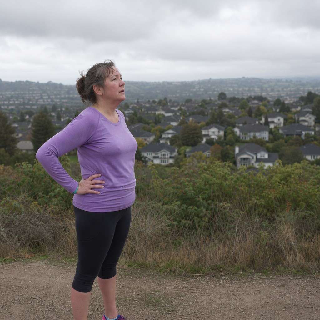 A woman pausing at a small overlook in a park breathing deeply after a run