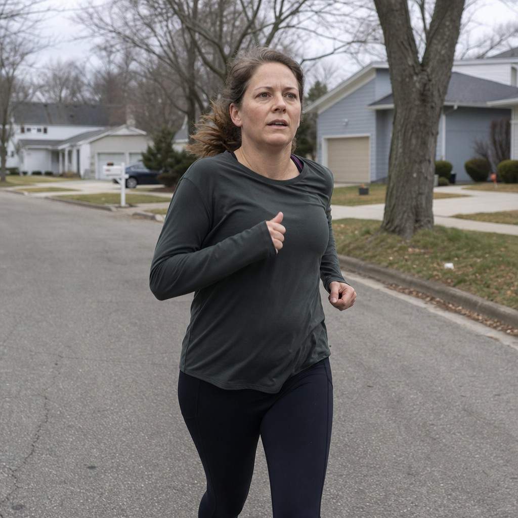 A woman running mid-stride on a tree-lined suburban street on a grey morning
