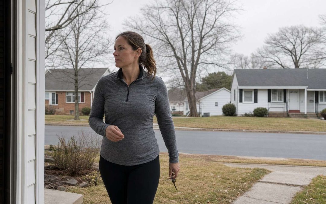 A woman in plain running clothes stepping out of her front door onto a quiet suburban street on an overcast morning