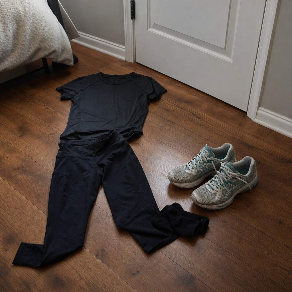 Running clothes and shoes laid out on a wooden floor the night before a morning run