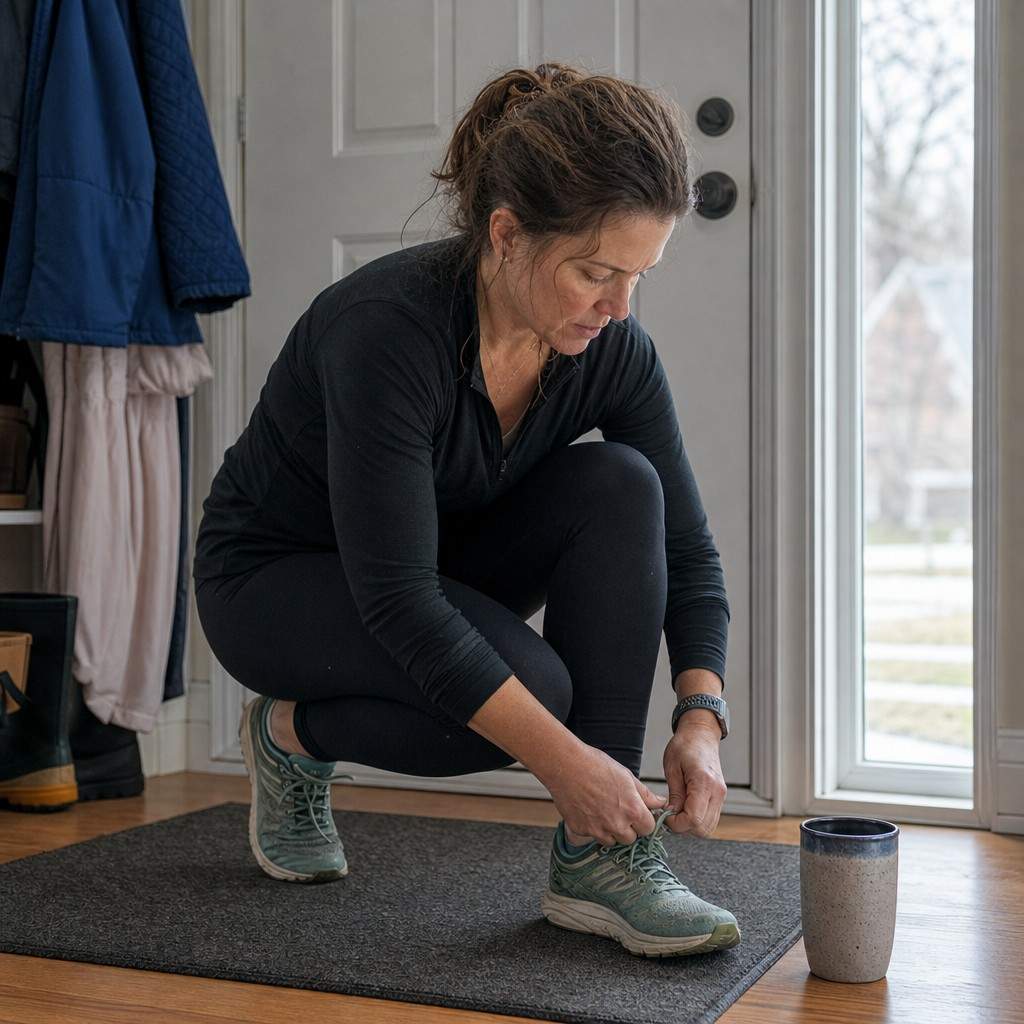 A woman lacing up running shoes near a front door with a travel mug on the floor beside her