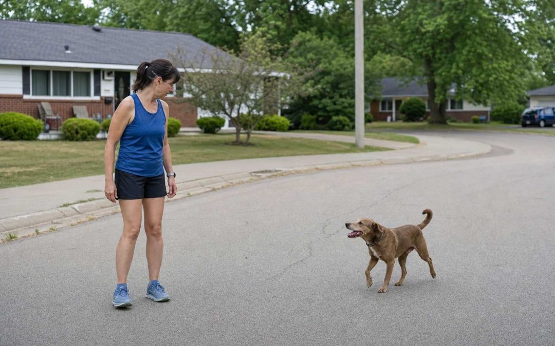 A woman runner standing calm and side-on on a suburban street as a curious medium dog trots toward her