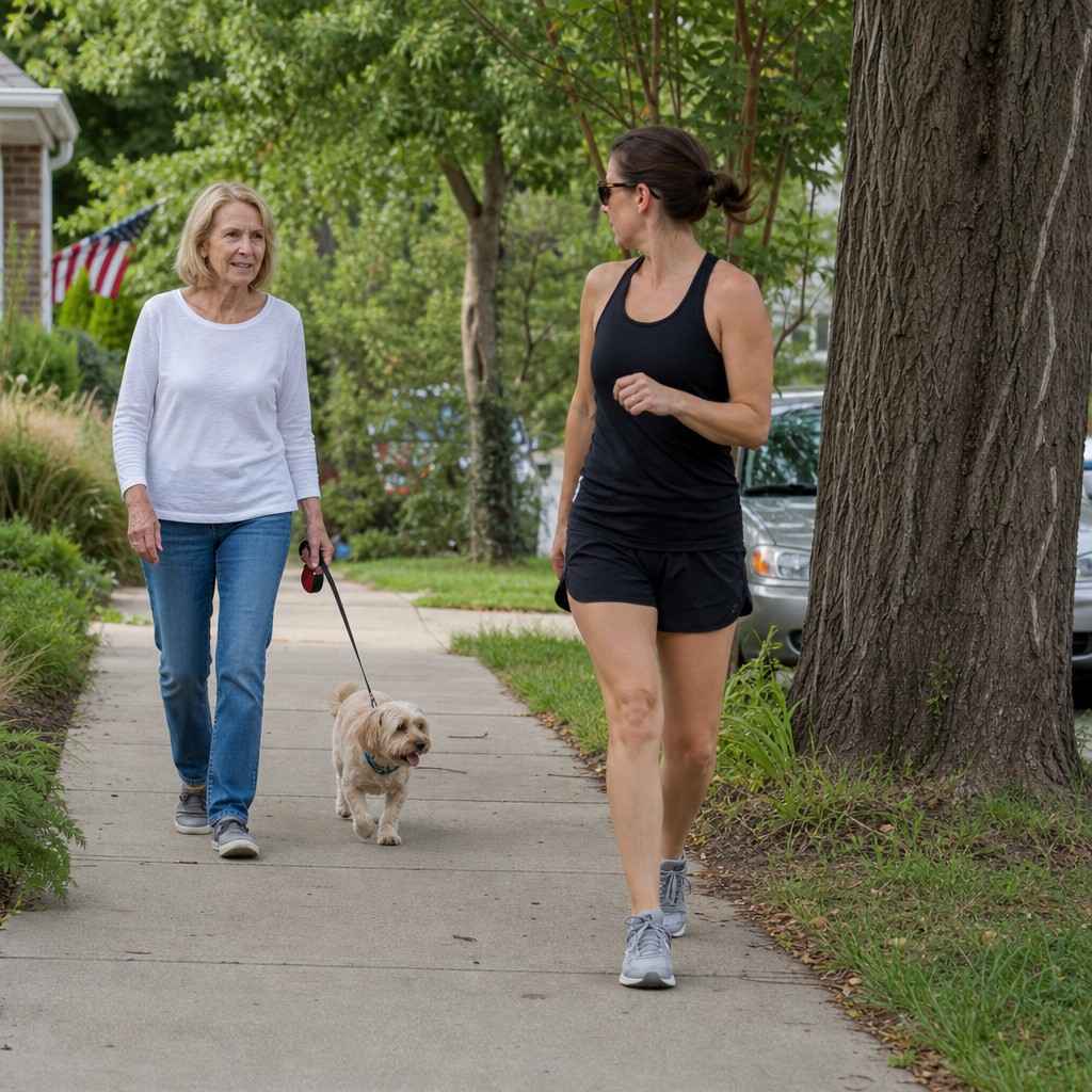 A woman runner slowing to a walk to pass a leashed dog and its owner on a neighborhood sidewalk