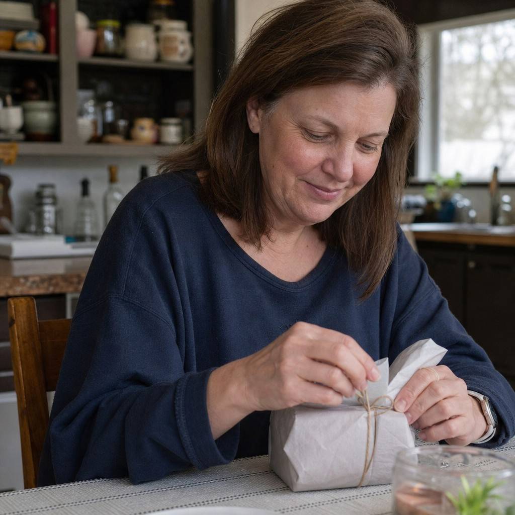 A woman in her fifties opening a small wrapped gift at a kitchen table, looking pleased