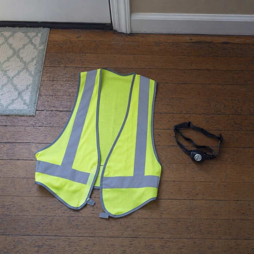 A reflective running vest and a small headlamp laid out on a wooden floor next to a front door