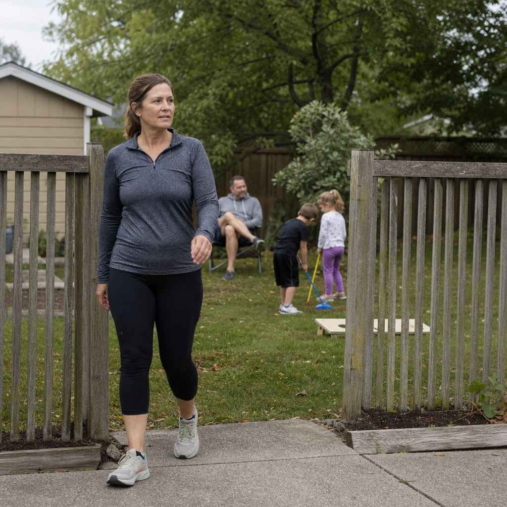 A man sitting with two young children in a backyard while a woman in running clothes heads out the gate for a run