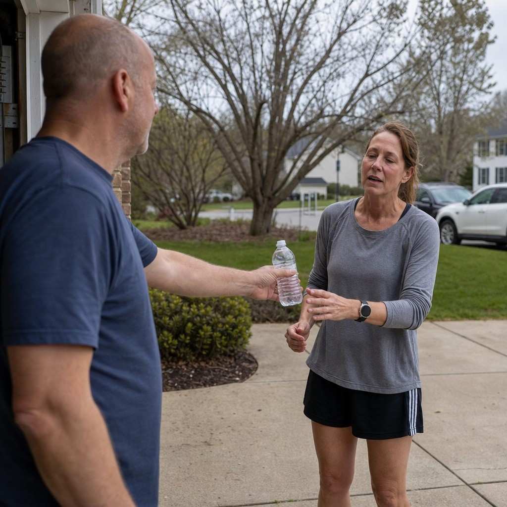 A partner handing a water bottle to a woman who has just finished a run outside a suburban home
