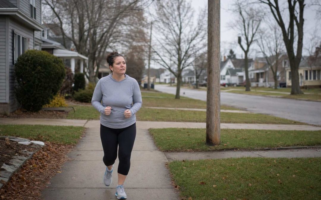 A woman taking her first easy running steps on a quiet suburban sidewalk on an overcast morning