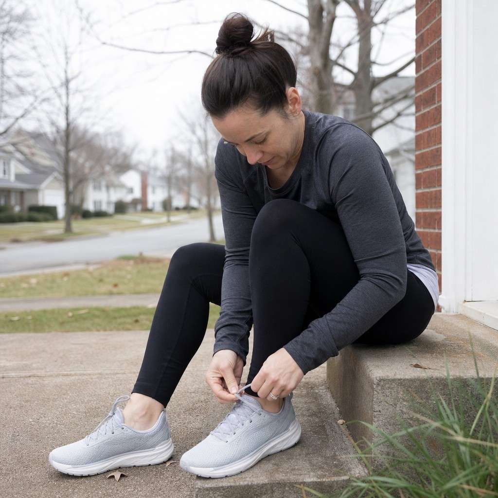 A woman tying her running shoes on a porch step before heading out for her first run