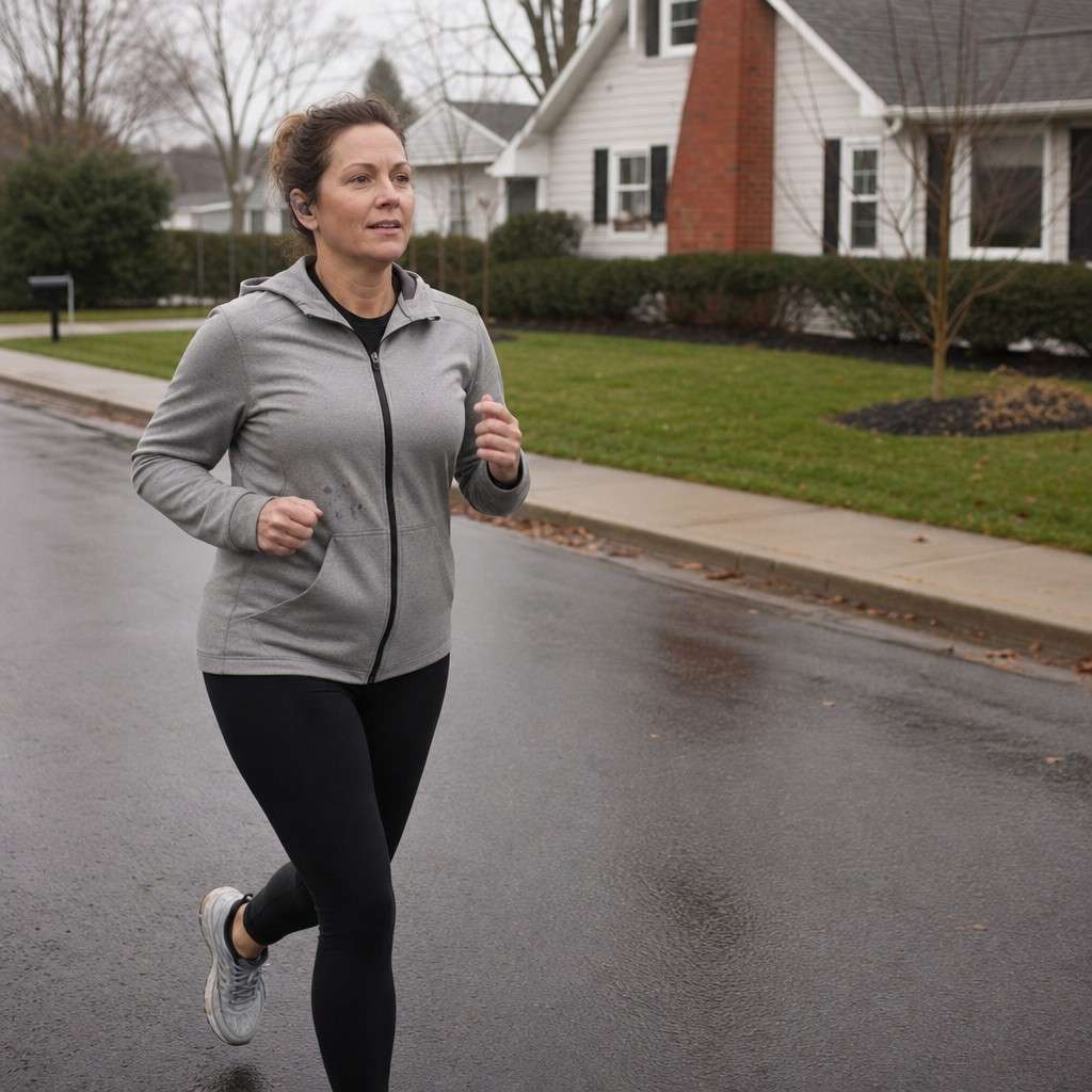 A woman doing a relaxed walk-run interval on a quiet neighbourhood street on an overcast day