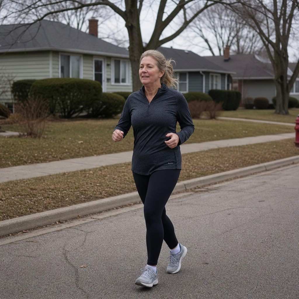 A woman running at an easy conversational pace along a flat suburban street under flat grey sky