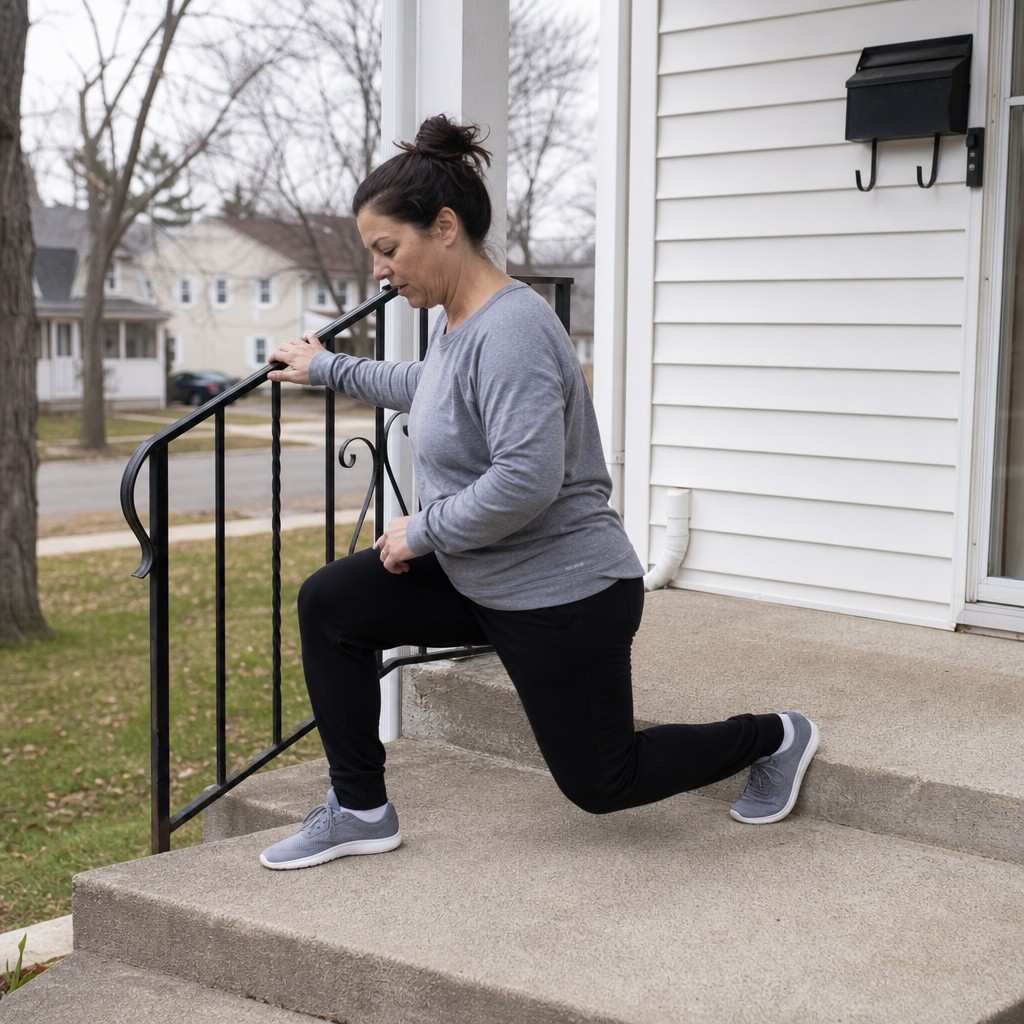 A woman doing bodyweight lunges on her front porch steps as a simple strength routine