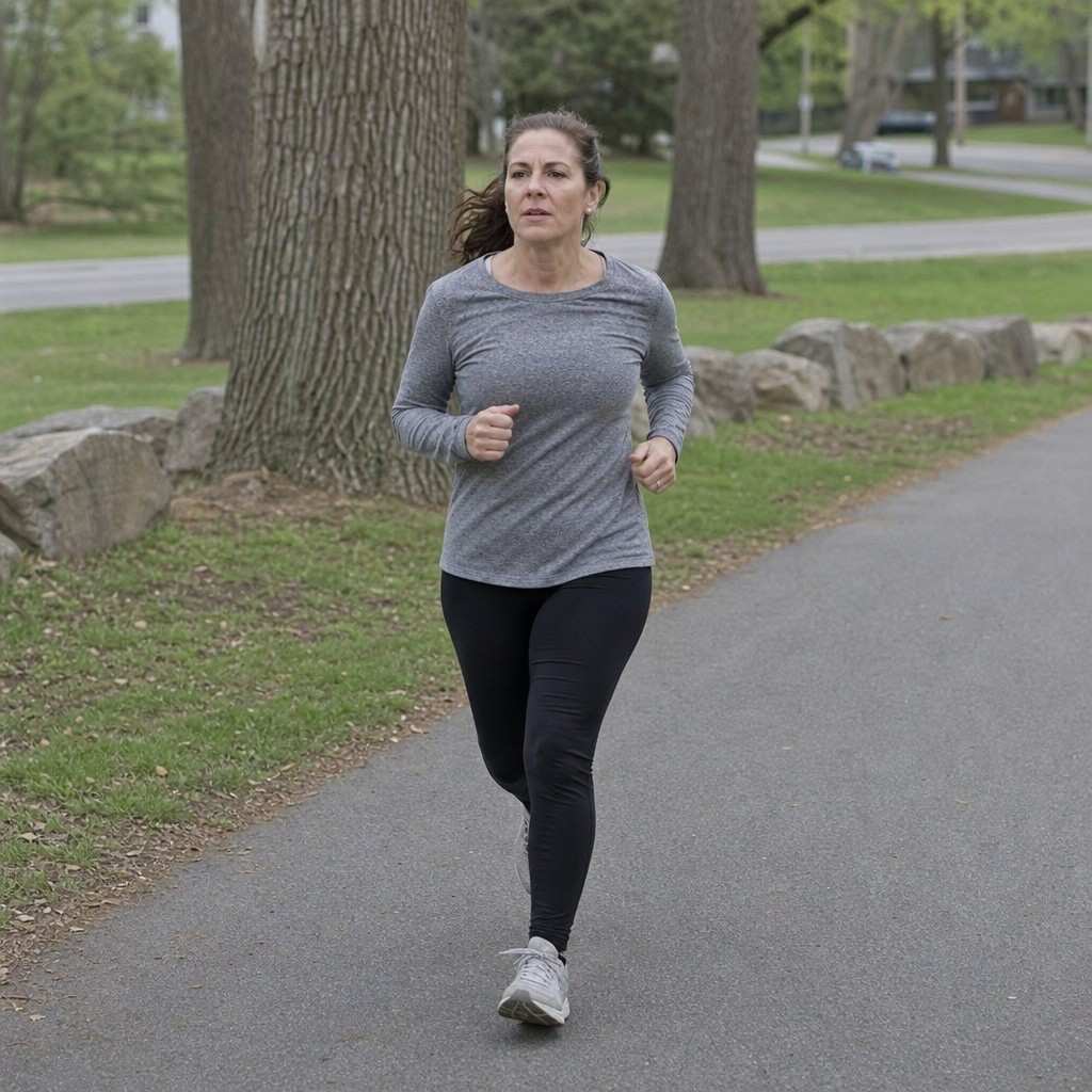 A woman running with upright posture and a calm, focused expression on a neighborhood path