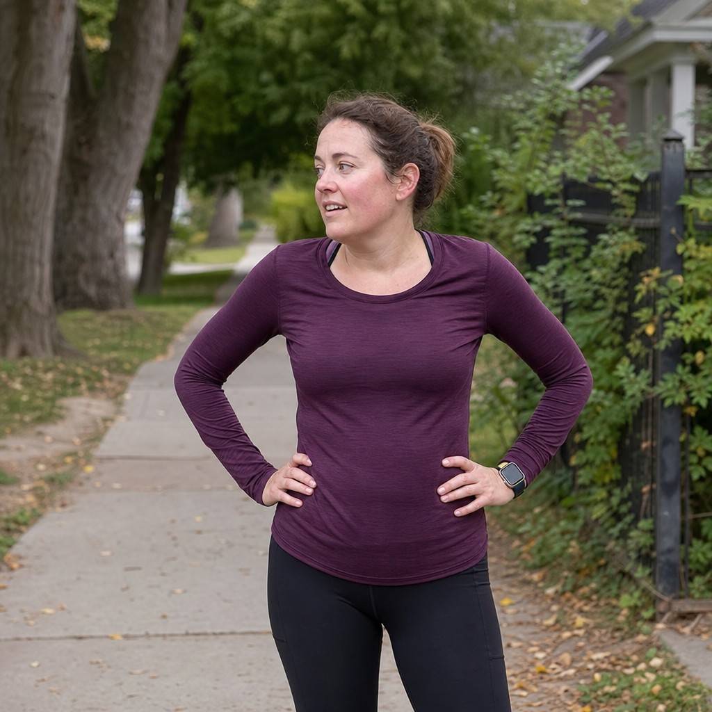 A woman pausing on a quiet sidewalk during an easy run, hands on hips, catching her breath