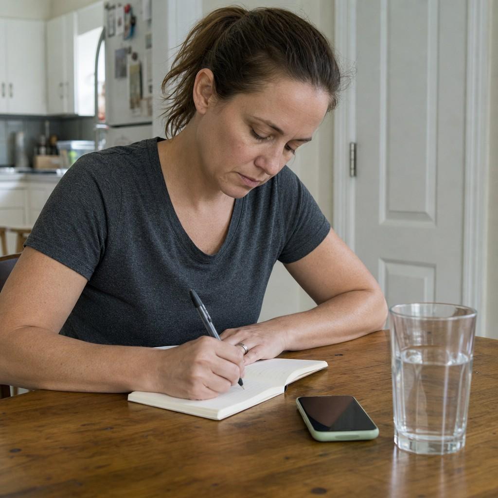 A woman noting how a run felt in a small notebook at her kitchen table