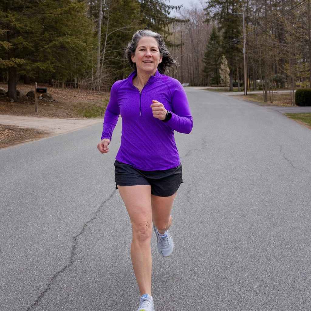 A woman in her early fifties running strongly on a quiet tree-lined road in a bright purple top