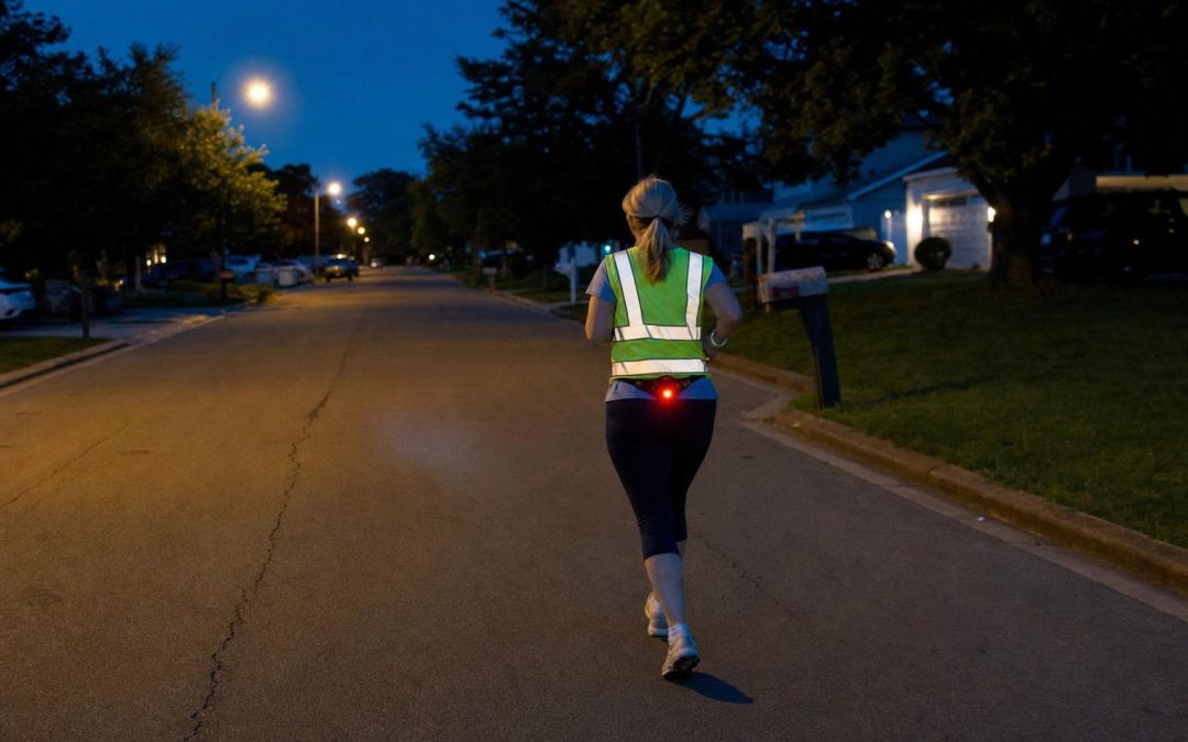 A woman running toward the camera on a lit suburban street at dusk in a high-visibility reflective vest and headlamp