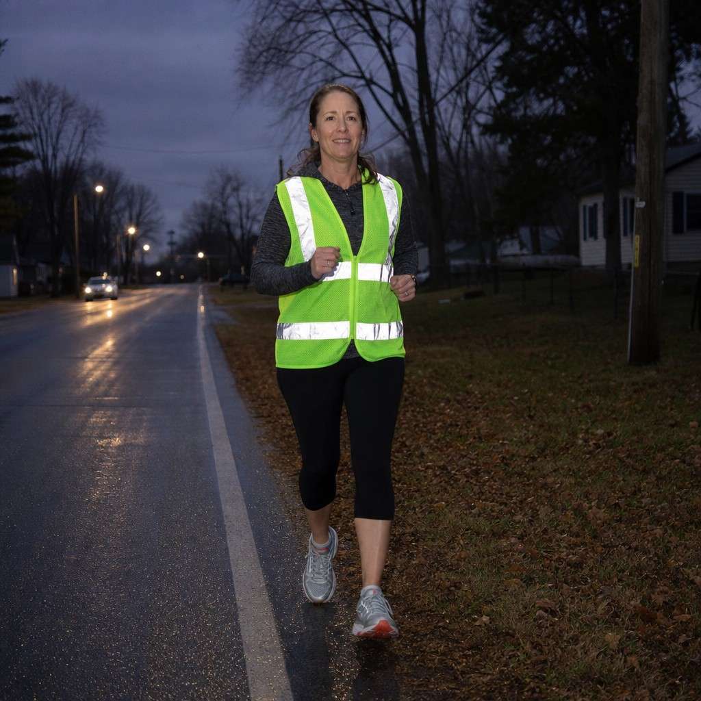 A woman running at the edge of a quiet suburban road at dusk facing oncoming traffic in a reflective vest