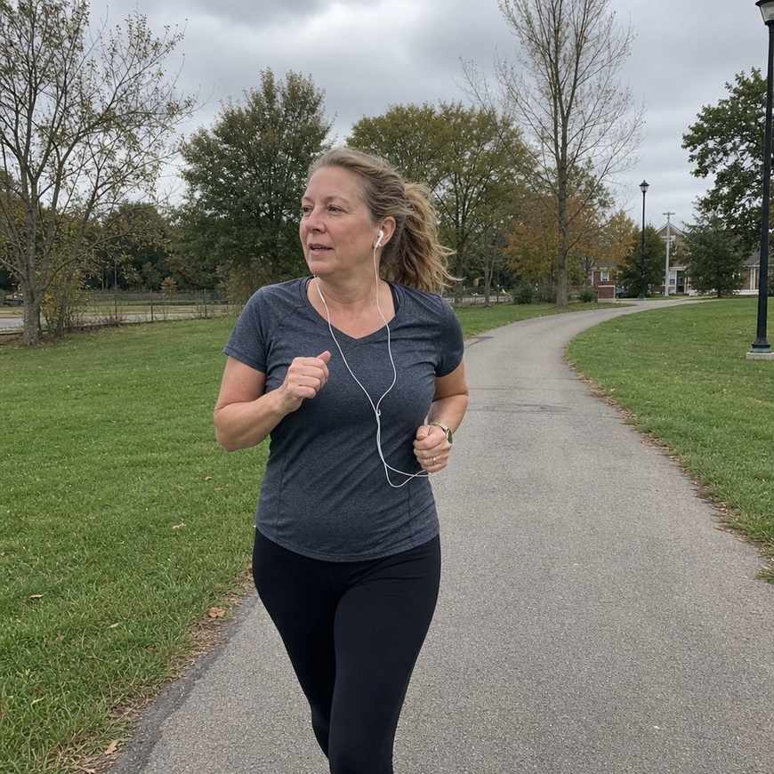 A woman running on a suburban path with one earbud out, looking relaxed and aware of her surroundings