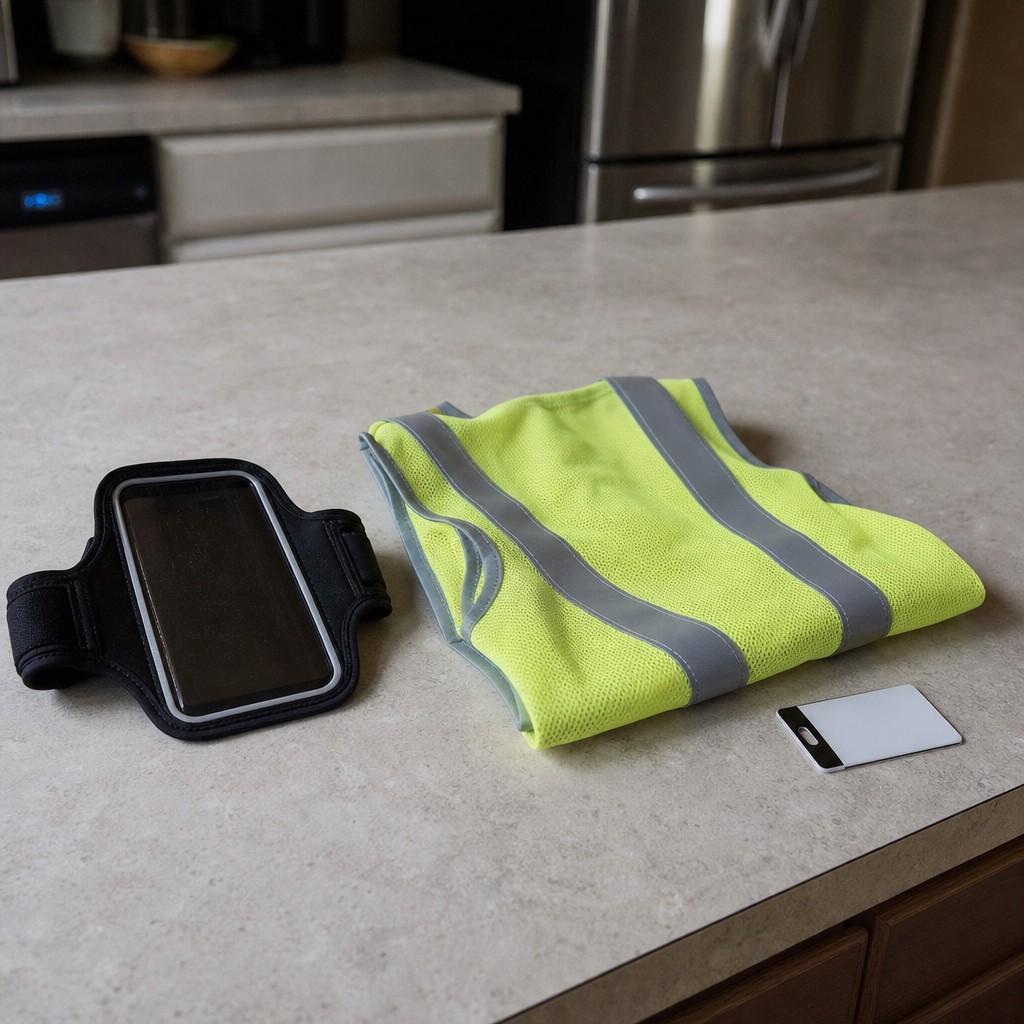 Running safety essentials laid out on a kitchen counter: phone in an armband, reflective vest, and a Road ID card