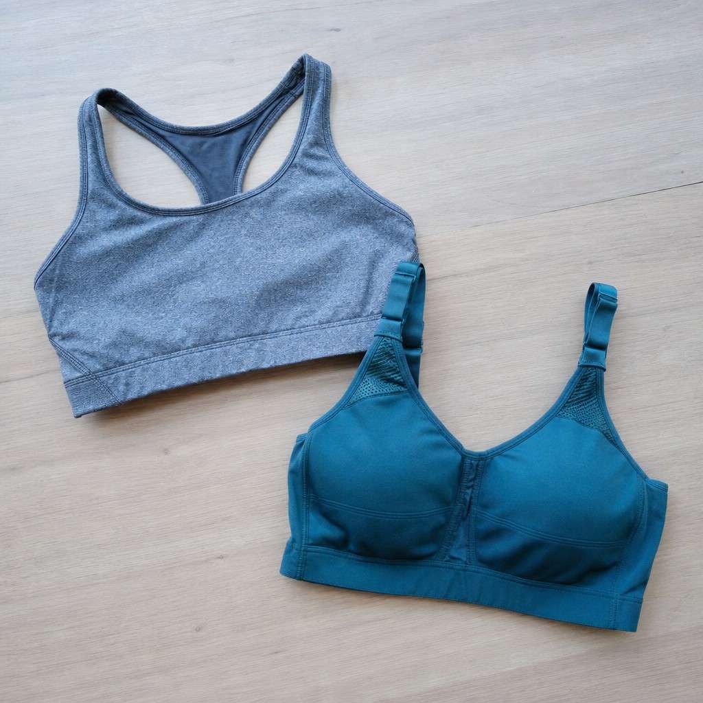 Two folded running sports bras of different styles laid flat on a plain wooden surface