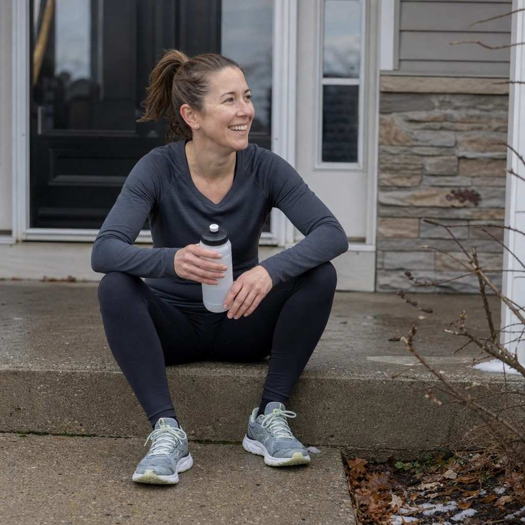 A woman sitting on her front porch steps after a run, relaxed and energized with a water bottle