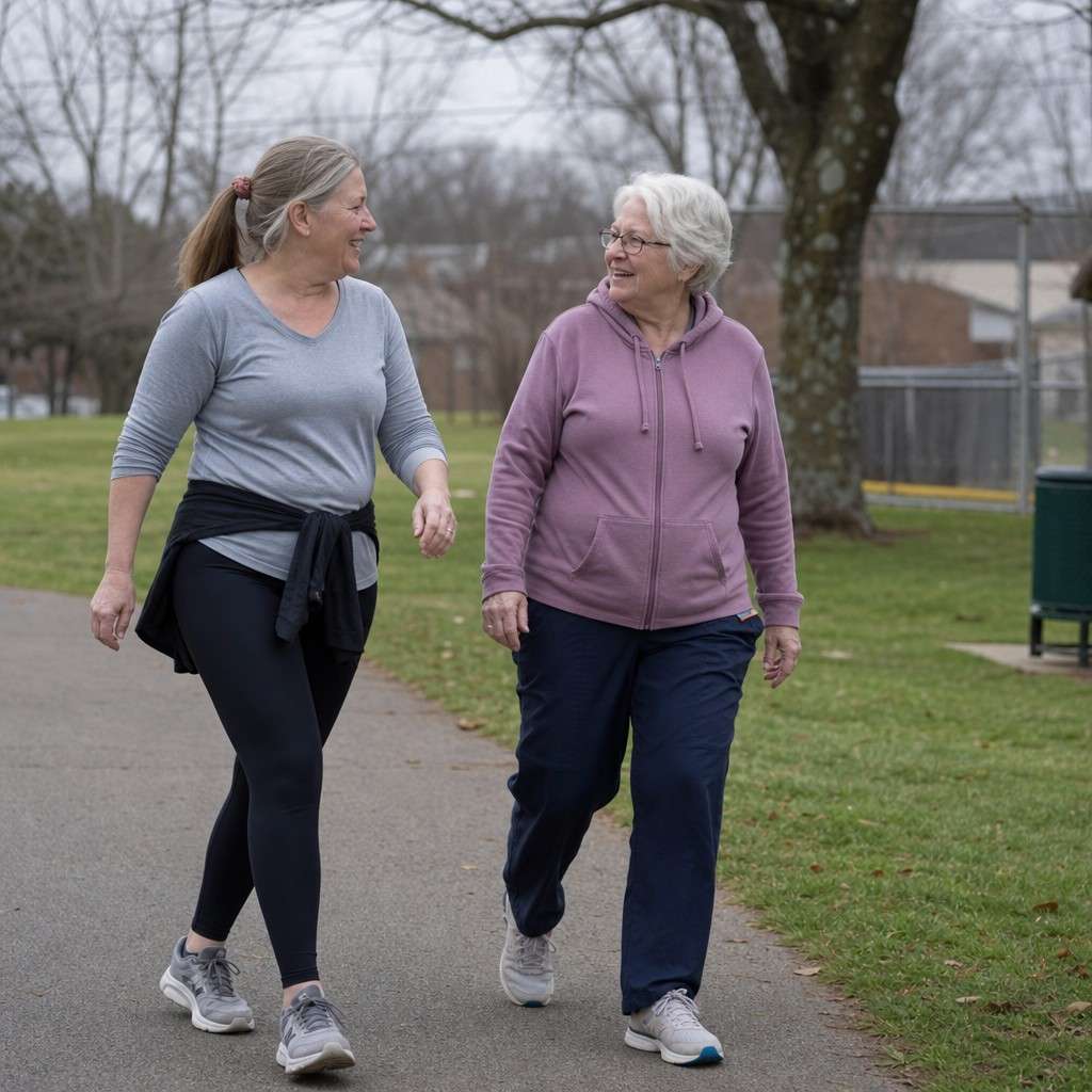 Two women walking and talking on a park path, clearly enjoying the time outdoors