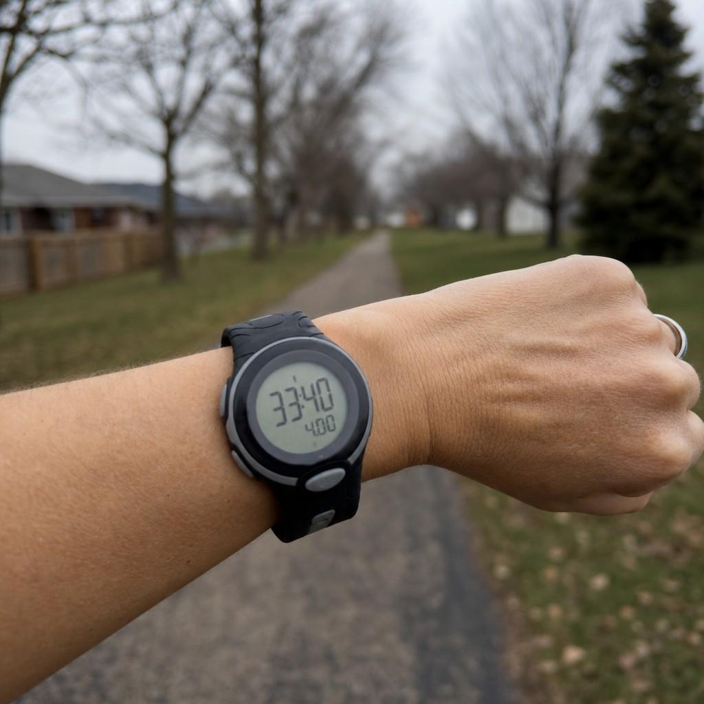 Close-up of a basic running watch on a woman's wrist showing a timer during a walk break