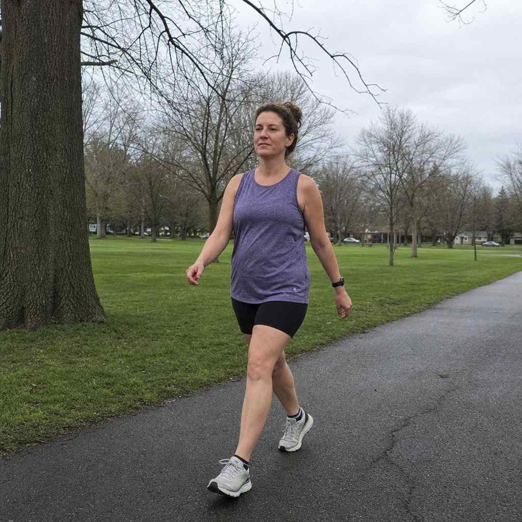 A woman walking briskly on a neighborhood park path during a walk break, looking relaxed